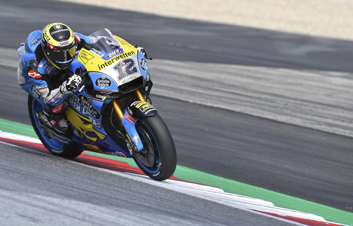Switzerland's rider Thomas Luthi of the EG 0,0 Marc VDS rides during a warm up session for the MotoGP race at the Austrian motorcycle Grand Prix at the Red Bull Ring in Spielberg, Austria, Sunday ...