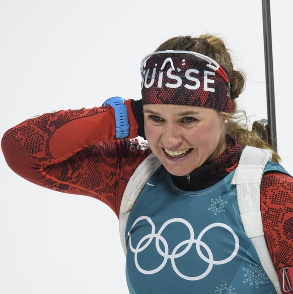 Irene Cadurisch of Switzerland reacts after the women Biathlon 7.5 km Sprint in the Alpensia Biathlon Center during the XXIII Winter Olympics 2018 in Pyeongchang, South Korea, on Saturday, February 10 ...