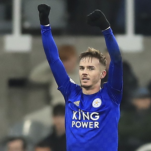 Leicester City's James Maddison celebrates scoring his side's second goal of the game, during the English Premier League soccer match between Newcastle United and Leicester City at St James& ...