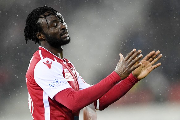 Le milieu valaisan Xavier Kouassi reagit lors de la rencontre de football de Super League entre le FC Sion et le FC Zurich, ce dimanche, 2 fevrier 2020, au stade de Tourbillon a Sion. (KEYSTONE/Olivie ...