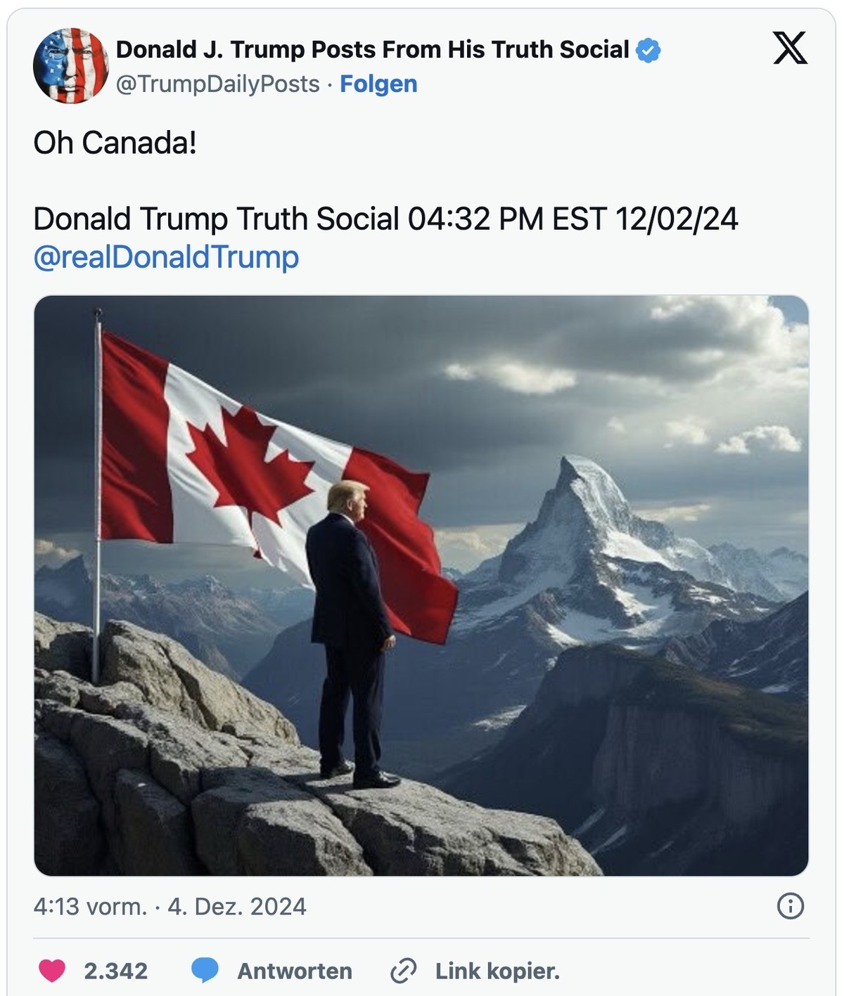 Trump-Tweet zu Kanada mit KI-generiertem Bild.