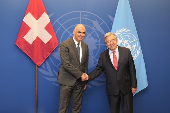 Alain Berset, President of Switzerland, left, poses for a photo with United Nations Secretary General Antonio Guterres at United Nations Headquarters, Monday, September 18, 2023. (AP Photo/Seth Wenig) A…