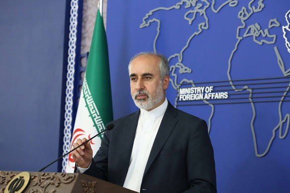 FILE - In this photo released on Aug. 11, 2022, by the Iranian Foreign Ministry, Foreign Ministry spokesperson Nasser Kanaani speaks in Tehran, Iran. Some $6 billion of Iranian assets once frozen in S ...