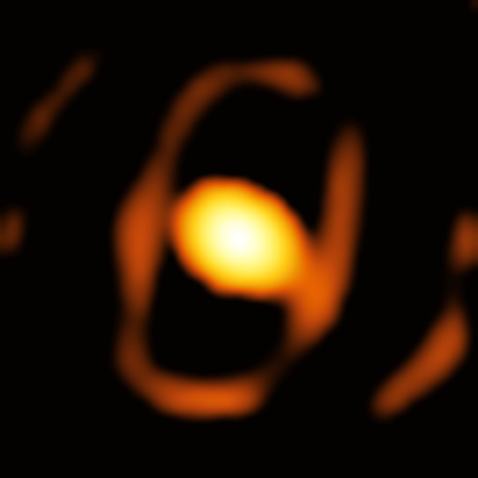This is an image of the star WOH G64, taken by the GRAVITY instrument on the European Southern Observatory’s Very Large Telescope Interferometer (ESO’s VLTI). This is the first close-up picture of a s ...