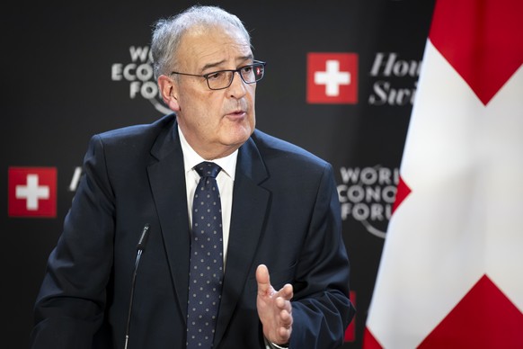 Switzerland&#039;s Economy Minister Federal Councillor Guy Parmelin, speaks during a press conference at the House of Switzerland, HoS, on the sideline of the 55th annual meeting of the World Economic ...