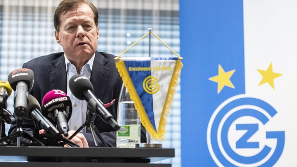 GC Praesident Stephan Rietiker spricht an einer Medienkonferenz zum gestrigen Abbruch des Fussballspiels gegen den FC Luzern und den Abstieg in die Challenge League, aufgenommen am Montag, 13. Mai 201 ...