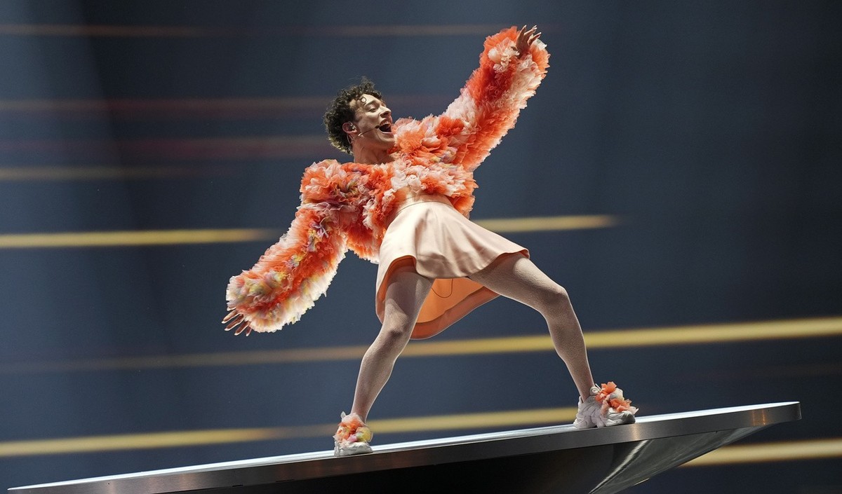 Nemo of Switzerland performing the song The Code during the dress rehearsal for the final at the Eurovision Song Contest in Malmo, Sweden, Friday, May 10, 2024. (AP Photo/Martin Meissner)