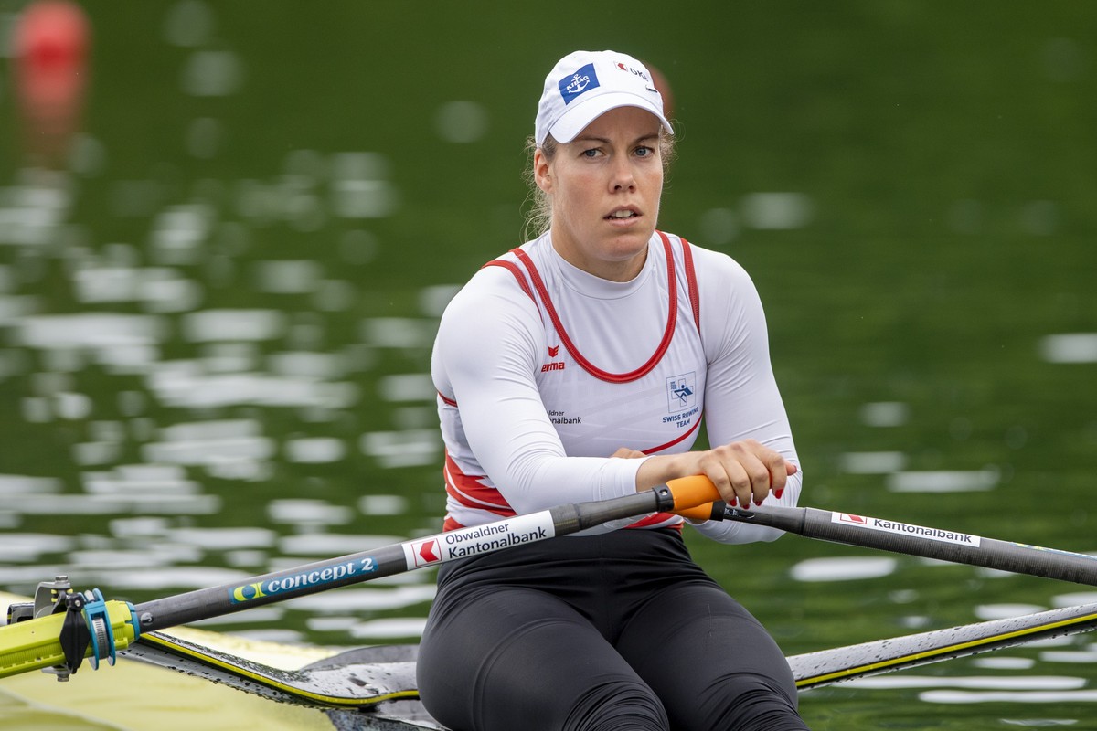 Jeanine Gmelin from Switzerland at the Women's single sculls race at the Rowing World Cup on Lake Rotsee in Lucerne, Switzerland, Friday, May 21, 2021. (KEYSTONE/Urs Flueeler)