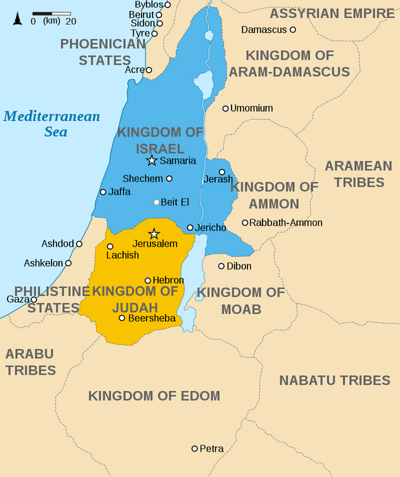 Karte gemäss biblischer Überlieferung zur territorialen Situation der Königreiche Israel (blau) und Juda (orange) im 9. Jahrhundert v. Chr.
https://commons.wikimedia.org/w/index.php?curid=10872389