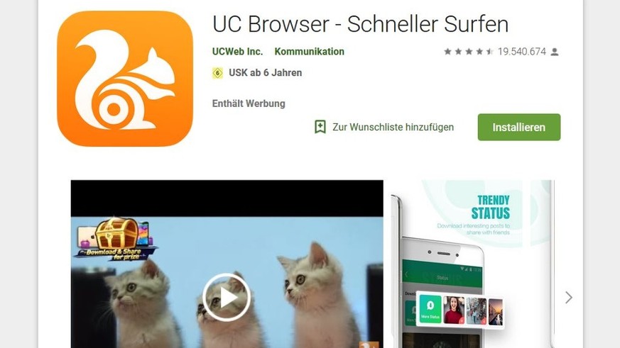 Ein Screenshot des «UC Browser» im Google Play Store: Sicherheitsexperten warnen vor einer Sicherheitslücke im Browser.