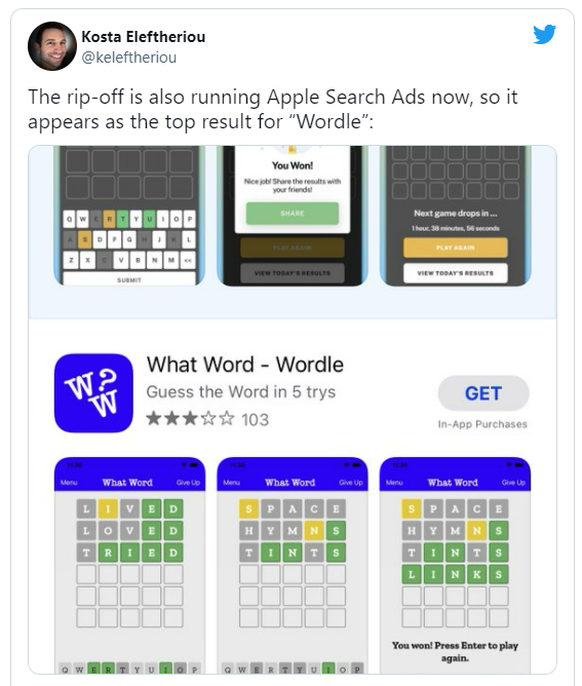 Werbung im App Store für einen Wordle-Klon. 