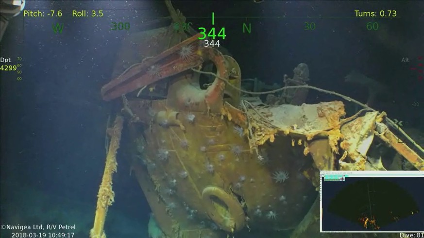 In this Monday, March 19, 2018, underwater video image courtesy of Paul Allen shows wreckage from the USS Juneau, a U.S. Navy ship sunk by the Japanese torpedoes 76 years ago, found in the South Pacif ...