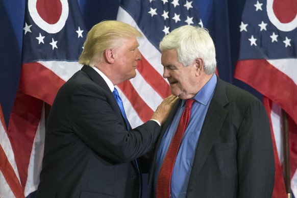 In this photo taken July 6, 2016, Republican Presidential candidate Donald Trump and former House Speaker Newt Gingrich share the stage during a campaign rally in Cincinnati. Running mate or not, “New ...