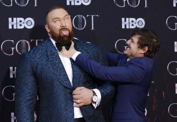 Hafthor Julius Bjornsson and Pedro Pascal arrive on the red carpet at the Season 8 premiere of Game of Thrones at Radio City Music Hall on April 3, 2019 in New York City. PUBLICATIONxINxGERxSUIxAUTxHU ...
