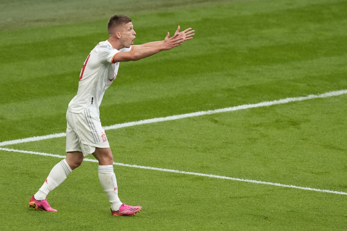 Spain's Dani Olmo reacts during the Euro 2020 soccer championship semifinal between Italy and Spain at Wembley stadium in London, Tuesday, July 6, 2021. (AP Photo/Matt Dunham,Pool)