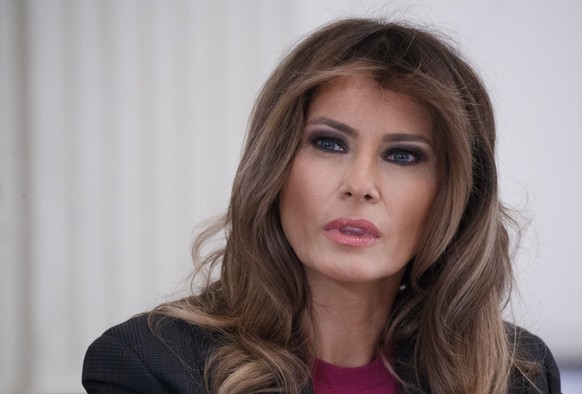 epa06616374 First Lady Melania Trump delivers remarks during a roundtable discussion with executives from major online and social media companies to discuss cyberbullying and internet safety in the St ...