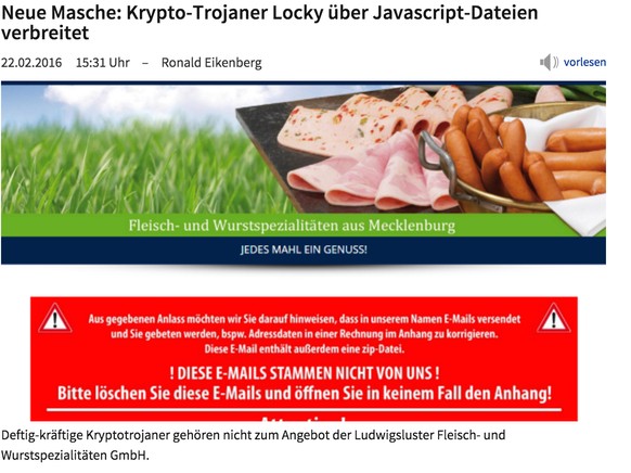 War auch schon im Namen einer Wursterei unterwegs: Computer-Virus Locky.