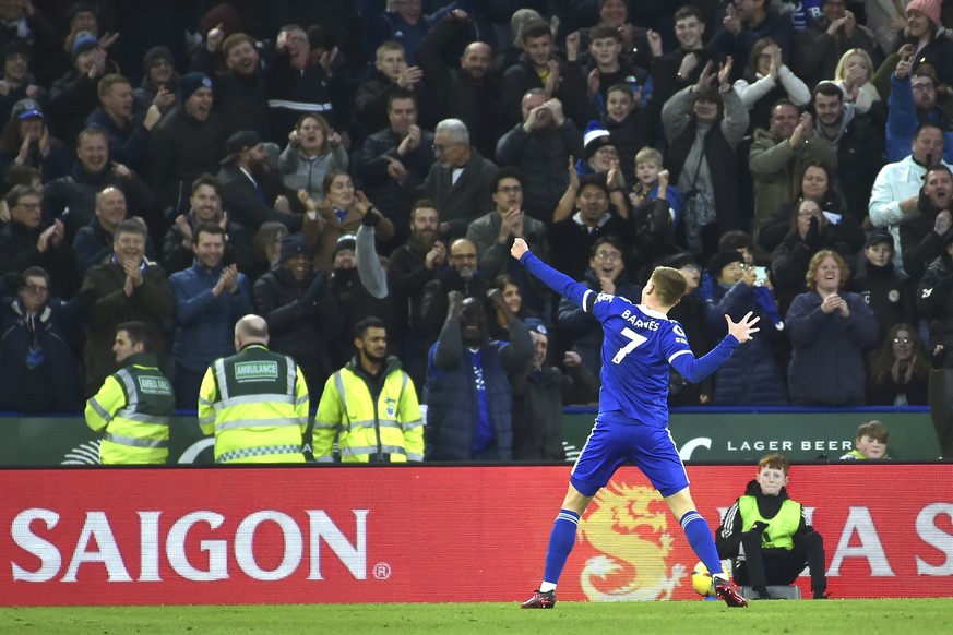 Leicester&#039;s Harvey Barnes celebrates after scoring his side&#039;s fourth goal during the English Premier League soccer match between Leicester City and Tottenham Hotspur at King Power stadium in ...