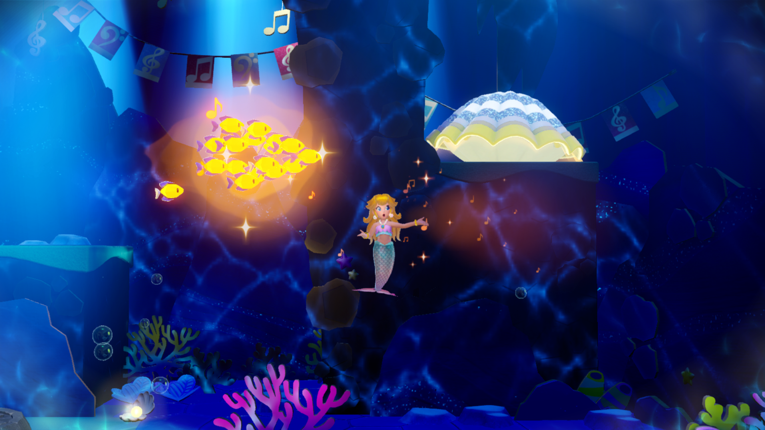 Kurios und gewöhnungsbedürftig: In den Unterwasserlevels wird Peach zur Meerjungfrau und singt sich durch die Levels.
