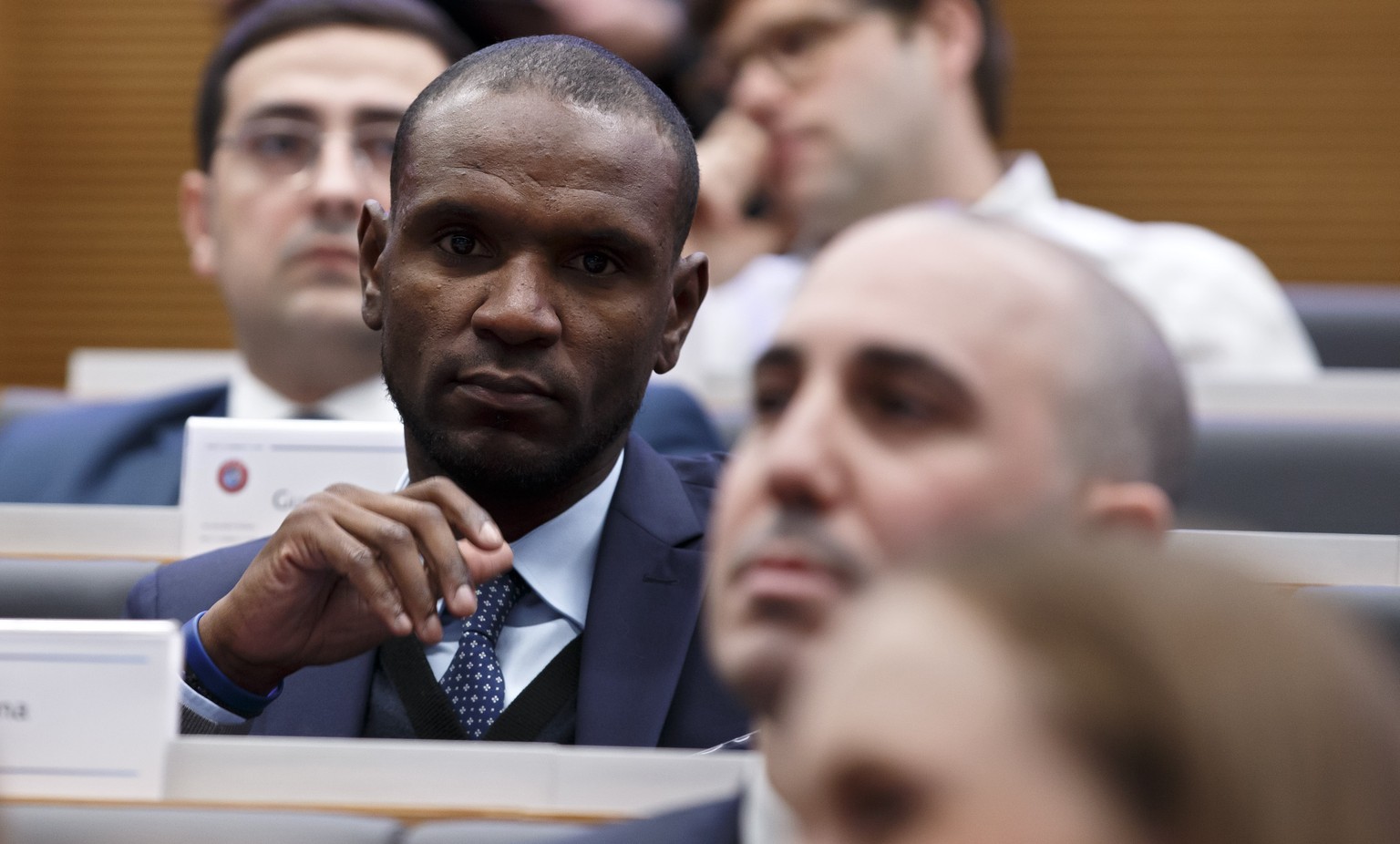 Eric Abidal, Sporting Director of FC Barcelona, attends the drawing of the matches for the Champions League 2018/19 quarter-finals at the UEFA headquarters in Nyon, Switzerland, Friday, March 15, 2019 ...