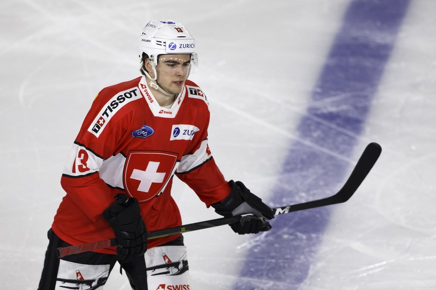 Switzerland&#039;s forward Nico Hischier skates, during a friendly international ice hockey game between Switzerland and France, at the ice stadium De Graben, in Sierre, Switzerland, Friday, April 26, ...