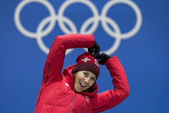 Wendy Holdener of Switzerland reacts during the victory ceremony on the Medal Plaza for the women Alpine Skiing slalom race at the XXIII Winter Olympics 2018 in Pyeongchang, South Korea, on Friday, Fe ...