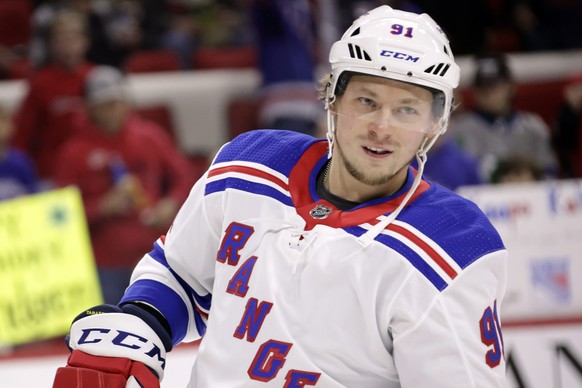 New York Rangers right wing Vladimir Tarasenko (91) skates during warmups before an NHL hockey game against the Carolina Hurricanes, Saturday, Feb. 11, 2023, in Raleigh, N.C. (AP Photo/Chris Seward)
