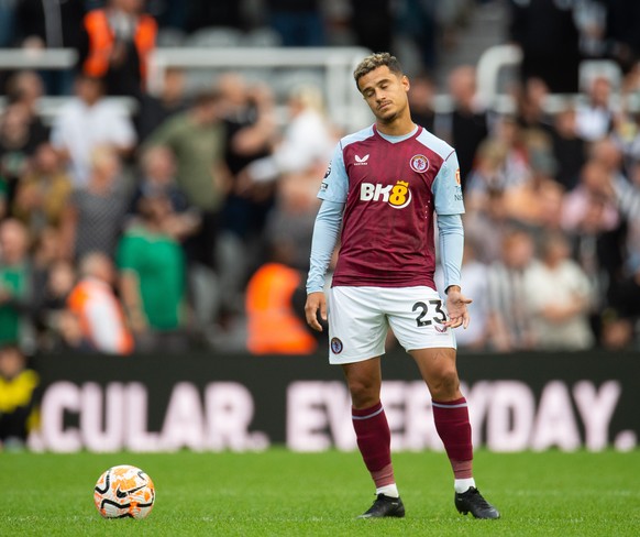 epa10797606 Aston Villa&#039;s Philippe Coutinho reacts during the English Premier League match between Newcastle United and Aston Villa in Newcastle, Britain, 12 August 2023. EPA/PETER POWELL EDITORI ...