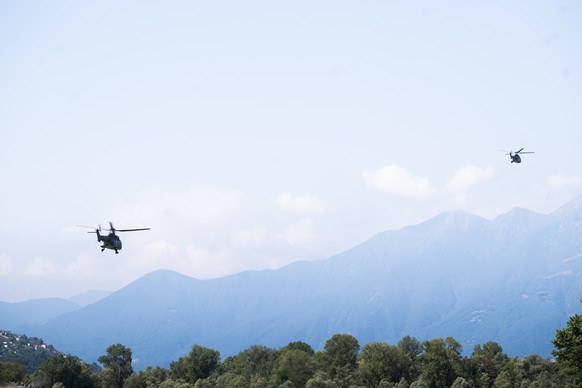 Swiss Army Super Puma helicopters taking off from the military airport at Locarno-Magadino for a direct support mission in France, to help tackle the forest fires in Corsica, Locarno-Magadino, Tuesday ...