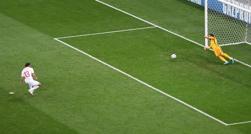 epa09309375 Ricardo Rodriguez (L) of Switzerland misses a penalty during the UEFA EURO 2020 round of 16 soccer match between France and Switzerland in Bucharest, Romania, 28 June 2021. EPA/Daniel Miha ...