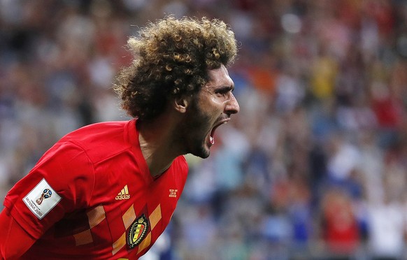 Belgium&#039;s Marouane Fellaini celebrates after scoring his side&#039;s second goal during the round of 16 match between Belgium and Japan at the 2018 soccer World Cup in the Rostov Arena, in Rostov ...