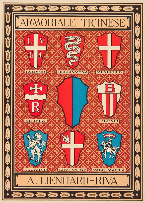 The coats of arms of the eight districts of the canton of Ticino, founded in 1803.