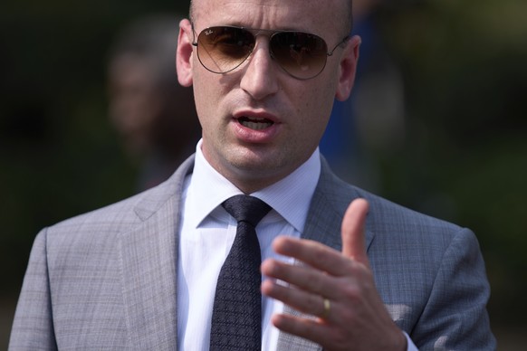 White House deputy chief of staff Stephen Miller speaks with reporters outside the White House, Friday, Sept. 5, 2025, in Washington. (AP Photo/Evan Vucci)
Stephen Miller
