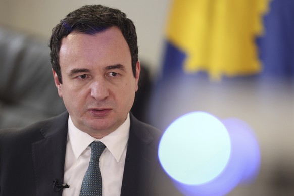 FILE - Kosovo&#039;s Prime Minister Albin Kurti speaks during an interview with the Associated Press in capital Pristina, Kosovo, Sunday, Feb. 5, 2023. Western officials are hoping for progress this w ...