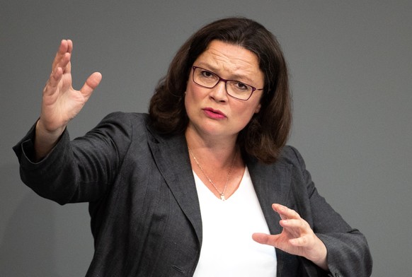 epa07037394 (FILE) - Leader of the Social Democratic Party (SPD) Andrea Nahles speaks during a session of the German parliament &#039;Bundestag&#039; in Berlin, Germany, 12 September 2018 (reissued 21 ...