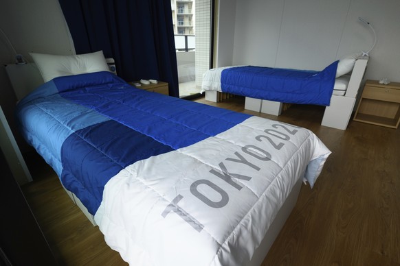 Recyclable cardboard beds and mattresses for athletes are seen during a media tour at the Olympic and Paralympic Village for the Tokyo 2020 Games, constructed in the Harumi waterfront district of Toky ...