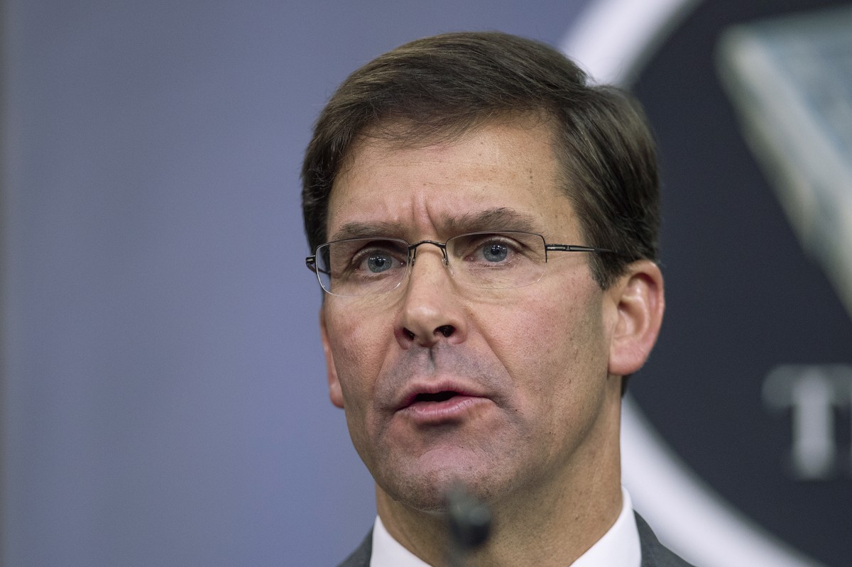 FILE - In this Aug. 28, 2019, file photo, Secretary of Defense Mark Esper speaks to reporters during a briefing at the Pentagon. Esper says the "impulsive" decision by Turkey to invade north ...