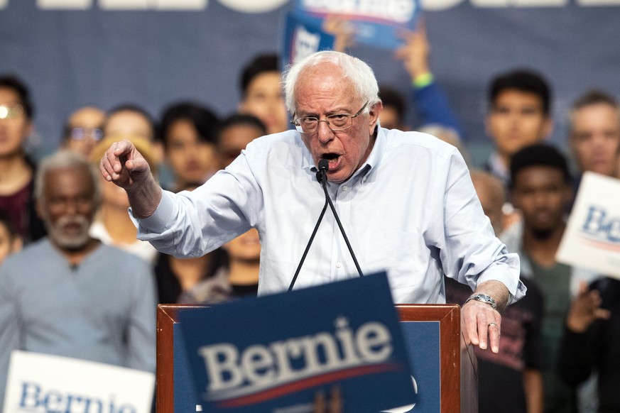 epa07616412 Senator Bernie Sanders delivers a speech during his rally at the Convention Center in Pasadena, California, USA, 31 May 2019. Bernie Sanders is seeking to be the Democratic party candidate ...