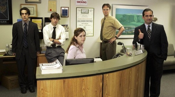 Die Kernbesetzung (von links): Ryan (B. J. Novak), Jim (John Krasinski), Pam (Jenna Fischer), Dwight (Rainn Wilson) und Michael (Steve Carell).