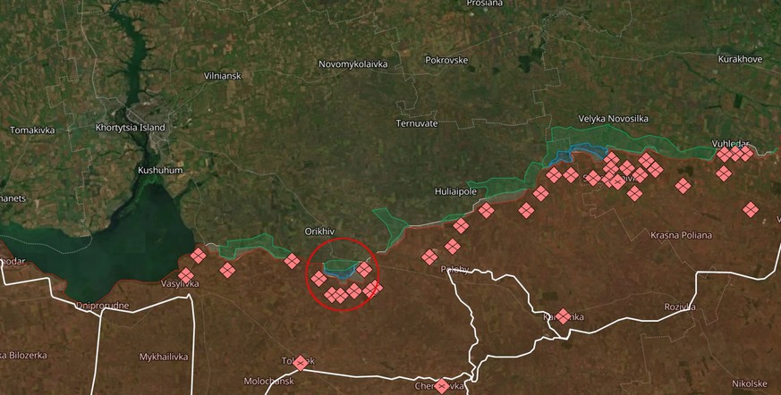 Die Südfront in der Ukraine. Bei Robotyne (roter Kreis) gelangen unlängst die grössten Gewinne.