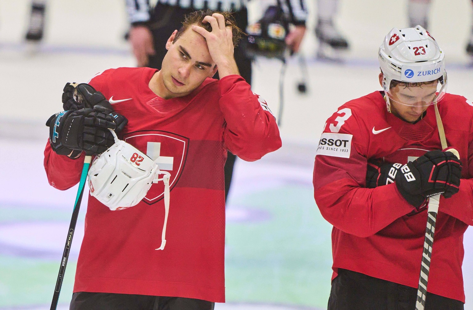 Timo Meier Nr. 28 of Switzerland Philipp Kurashev Nr. 23 of Switzerland sad after the match SWITZERLAND - UNITED STATES IIHF Ice hockey, Eishockey World Championship, WM, Weltmeisterschaft Quarter fin ...