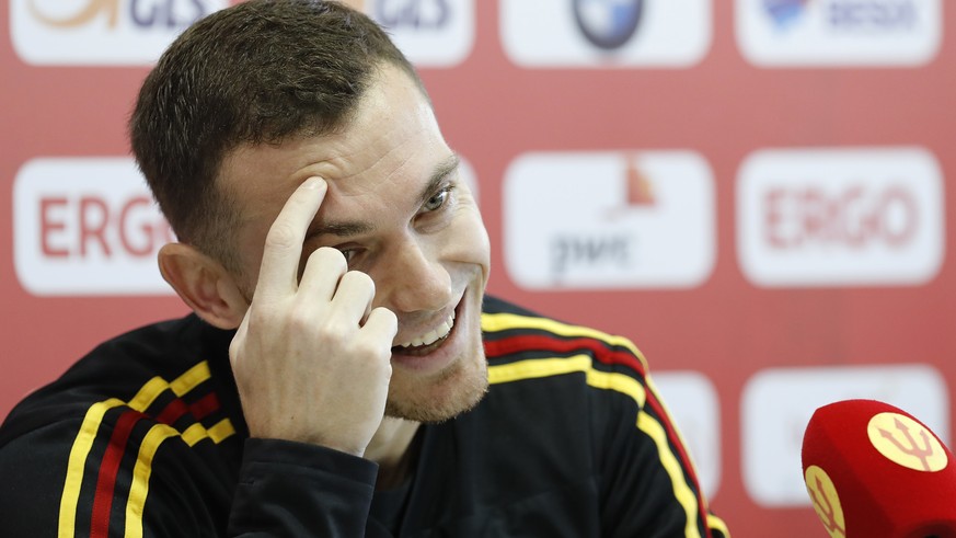 Belgium&#039;s Thomas Vermaelen smiles as he answers journalists during a press conference at the 2018 soccer World Cup in Dedovsk, Russia, Sunday, July 8, 2018. (AP Photo/David Vincent)