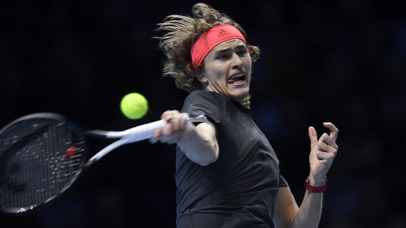 epaselect epa07170593 Germany&#039;s Alexander Zverev in action against John Isner of the USA during their Round Robin match at the ATP World Tour Finals tennis tournament at the O2 Arena in London, B ...