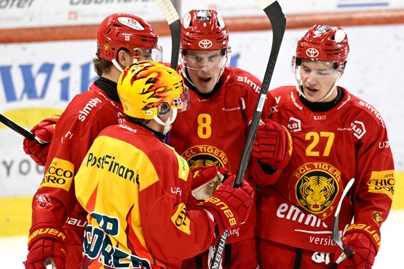 Tigers Tim Mathys, PostFinance Top Scorer Andre Petersson, Saku Maeenalanen, Santtu Kinnunen, von links, jubeln beim Eishockey-Qualifikationsspiel der National League, zwischen den SCL Tigers und dem  ...