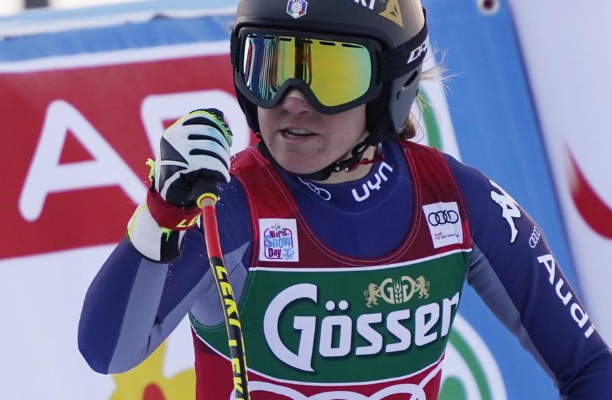 Italy&#039;s Sofia Goggia arrives at the finish area during an alpine ski, women&#039;s World Cup downhill in St. Anton, Austria, Saturday, Jan. 9, 2021. (AP Photo/Giovanni Auletta)