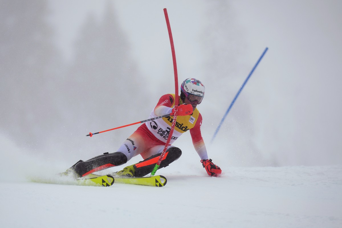 Switzerland's Daniel Yule competes during a men's World Cup slalom skiing race, Sunday, Feb. 26, 2023, in Olympic Valley, Calif. (AP Photo/John Locher)