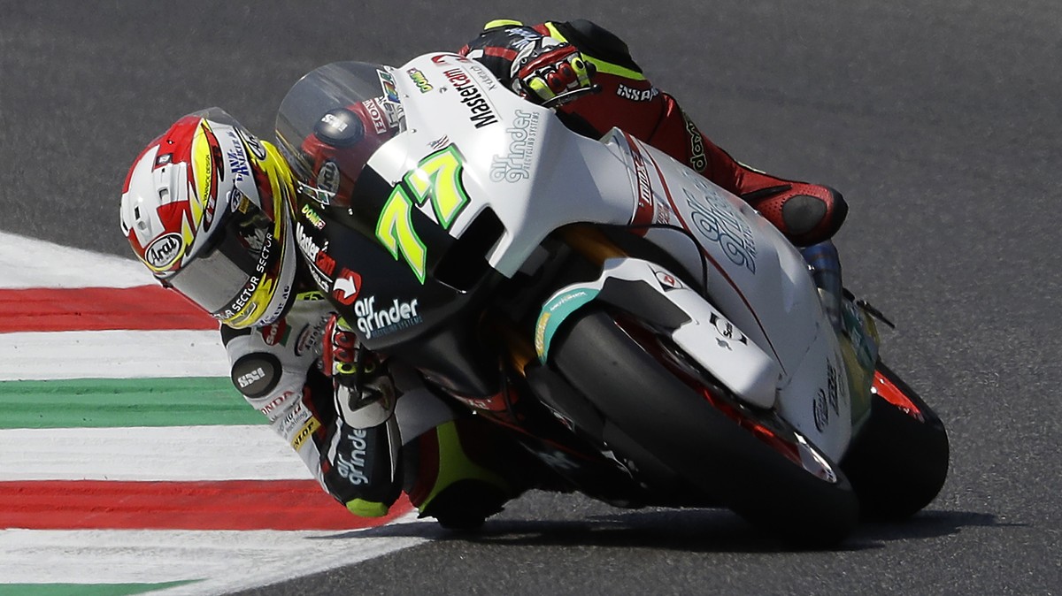 Switzerland's Dominique Aegerter steers his Kalex during the qualifying session for Sunday's Italy Moto 2 race, at the Mugello circuit, in Scarperia, Italy, Saturday, June 3, 2017. (AP Photo ...