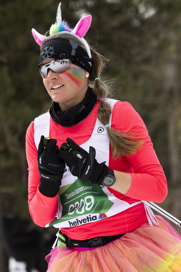 Participants enjoy the infamous downhill in Stazerwald on their way from Maloya to S-Chanf as they participate in the 51. annual Engadin skiing marathon, on Sunday, March 10, 2019, in Pontresina, Swit ...