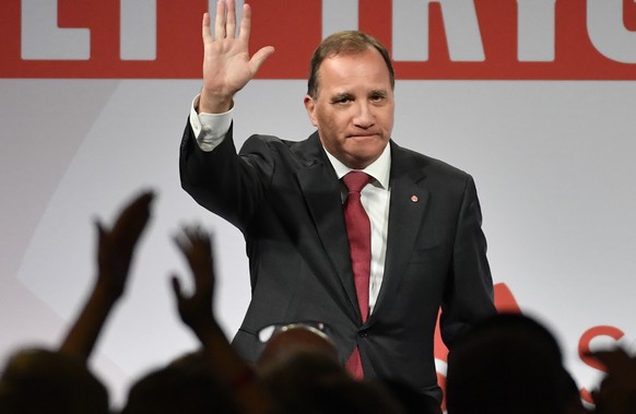 Prime minister and party leader of the Social Democrat party Stefan Löfven waves at an election party in Stockholm, Sweden, Sunday, Sept. 9, 2018. Preliminary results of the 2018 Swedish parliamentary ...