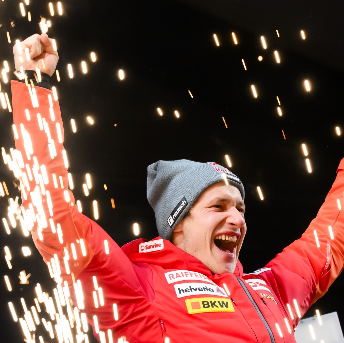 The winner Marco Odermatt of Switzerland celebrates during the Awards ceremony of the men's downhill race at the Alpine Skiing FIS Ski World Cup in Wengen, Switzerland, Saturday, January 13, 2024 ...